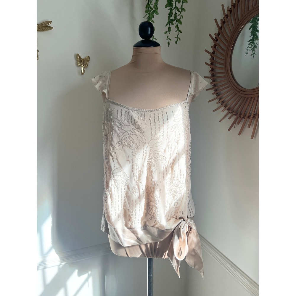 Vintage Y2K Deadstock Express 100%‎ Silk Beaded Sequin Blouse Champagne Large